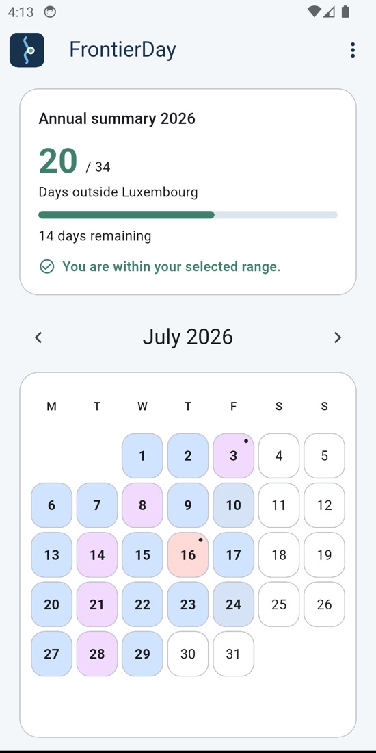 Décompte annuel des jours et calendrier dans FrontierDay (interface en anglais)